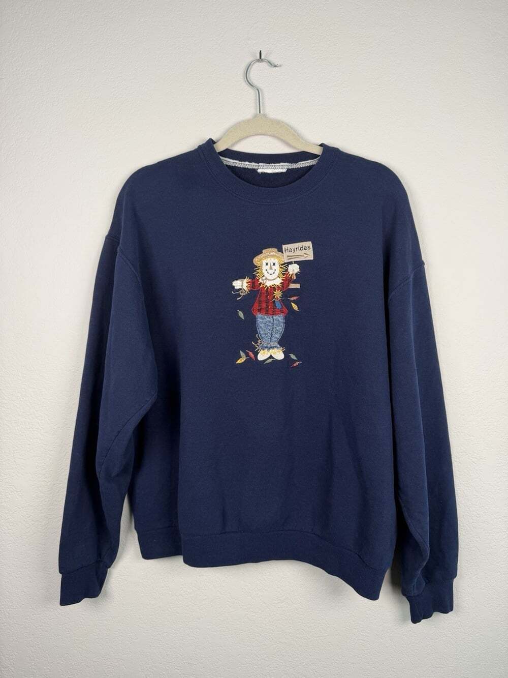 Cottagecore Women's Navy Crewneck Scarecrow Embroidery Harvest Fall Spooky Szn